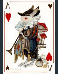 Rule 34 | ace (playing card), ace of hearts, alice in wonderland, animal, animal focus, artist name, black hat, bugle, card, clothed animal, commentary, english commentary, fly agaric, hat, heart, highres, instrument, ivy teas, mushroom, no humans, original, playing card, rabbit, solo