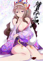 Rule 34 | 10s, 1girl, alternate costume, alternate hairstyle, ashigara (kancolle), blush, bow, breasts, brown eyes, brown hair, come hither, floral print, hair between eyes, hair bow, hairband, japanese clothes, kantai collection, kimono, large breasts, licking lips, looking at viewer, off shoulder, ponytail, sitting, solo, tongue, tongue out, wariza, wavy hair, wide sleeves, yamasaki wataru