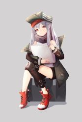 Rule 34 | 1girl, absurdres, anizi, asymmetrical legwear, bare shoulders, black shorts, brown eyes, commentary, g11 (girls&#039; frontline), girls&#039; frontline, green hat, grey background, hair between eyes, hat, highres, holding, jacket, long hair, long sleeves, looking at viewer, mismatched legwear, off shoulder, red footwear, shirt, shoes, short shorts, shorts, silver hair, simple background, sitting, solo