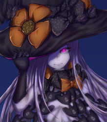 Rule 34 | 1girl, abigail williams (fate), abigail williams (third ascension) (fate), black bow, black gloves, black hat, blue background, bow, closed mouth, code-theia, commentary request, elbow gloves, fate/grand order, fate (series), gloves, glowing, glowing eyes, hand on headwear, hat, hat bow, long hair, looking at viewer, one eye covered, orange bow, pale skin, parted bangs, pink eyes, print bow, revealing clothes, silver hair, simple background, solo, star (symbol), star print, very long hair, witch hat