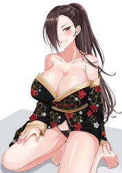 Rule 34 | 1girl, absurdres, alternate costume, bare shoulders, black kimono, black panties, blush, breasts, brown eyes, brown hair, cleavage, commission, fire emblem, fire emblem fates, floral print kimono, hair over one eye, hand on own thigh, highres, japanese clothes, kagero (fire emblem), kimono, kneeling, large breasts, long hair, looking at viewer, mature female, nintendo, panties, ponytail, rynn (darknescorez), short kimono, smile, solo, thong, toenails, toes, underwear, white background