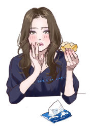 Rule 34 | 1girl, bad id, bad pixiv id, blush, brown eyes, brown hair, commentary request, eating, eyeshadow, food, holding, holding food, jewelry, lips, ma2, makeup, nail polish, original, partial commentary, ring, sketch, tissue box, v-neck, wiping mouth