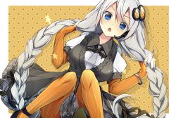 Rule 34 | 1girl, black dress, blue eyes, bracelet, braid, breasts, commentary, dress, elbow gloves, fingerless gloves, gloves, grey hair, hair ornament, hair ribbon, headset, highres, holding, holding own hair, jewelry, kizuna akari, knees up, leaning to the side, long hair, looking at viewer, medium breasts, open mouth, orange background, orange gloves, rasu (mtn), ribbon, short sleeves, sitting, solo, twin braids, v-shaped eyebrows, very long hair, voiceroid