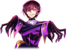 Rule 34 | 1boy, artist request, ascot, black gloves, black hair, coat, code geass, code geass: lost stories, cropped torso, crossed arms, eye trail, game cg, geass, gloves, glowing, glowing eye, grin, hair between eyes, hands up, happy, lelouch vi britannia, light trail, long sleeves, looking at viewer, male focus, non-web source, official art, purple coat, purple eyes, short hair, sidelocks, simple background, smile, solo, teeth, transparent background, underlighting, upper body, v-shaped eyebrows, white ascot, zero (code geass)