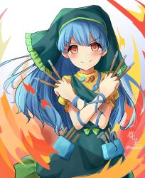 Rule 34 | 1girl, absurdres, apron, arm ribbon, artist name, belt, blue hair, blue ribbon, blush, bow, brush, closed mouth, dress, fire, frills, green apron, green belt, green bow, green headwear, hair between eyes, hands up, haniyasushin keiki, highres, long hair, looking at viewer, multicolored eyes, orange eyes, pink eyes, pocket, puffy short sleeves, puffy sleeves, ribbon, short sleeves, signature, simple background, smile, solo, touhou, white background, wily beast and weakest creature, yellow dress, yellow sleeves, yu cha