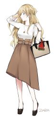 Rule 34 | 1girl, alternate costume, bag, belt, belt buckle, black eyes, black footwear, blonde hair, braid, brown skirt, buckle, casual, character name, commentary request, full body, handbag, highres, italian flag, jewelry, kantai collection, long hair, long skirt, looking away, looking to the side, morinaga miki, necklace, no legwear, no socks, one side up, pendant, profile, shirt, shoes, side braid, simple background, skirt, sleeves past elbows, solo, standing, wavy hair, white background, white shirt, zara (kancolle)