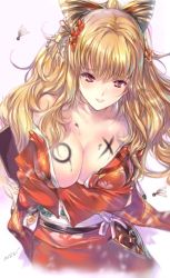 Rule 34 | 10s, 1girl, artist name, blonde hair, blush, bodypaint, bow, bowtie, breasts, cleavage, crossed arms, granblue fantasy, hair ornament, hanetsuki, japanese clothes, kimono, kimono pull, large breasts, long hair, looking at viewer, min-naraken, obi, open mouth, red eyes, red kimono, sash, signature, simple background, smile, solo, vira (granblue fantasy), white background