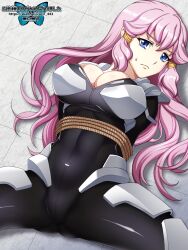 Rule 34 | 1girl, arms behind back, bdsm, black bodysuit, blue eyes, bodysuit, bondage, bound, breasts, cleavage, closed mouth, highres, kakumeiki valvrave, kakumeiki valvrave: undertaker, large breasts, long hair, looking at viewer, lying, nervous, on back, outa nao, pink hair, plugsuit, rope, skin tight, solo, spread legs, urajiro443