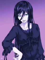 Rule 34 | 1girl, black blood brothers, black hair, black lips, black shirt, breasts, cassandra jill warlock, commentary request, gradient background, green eyes, hair between eyes, hand on own hip, lo lis, long hair, medium breasts, pale skin, shirt, signature, smile, solo, upper body