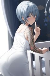 Rule 34 | 1girl, absurdres, arm tattoo, ass, blue hair, commentary, crib, curtains, dress, english commentary, highres, index finger raised, indoors, irezumi, looking back, original, panties, purple eyes, see-through, see-through dress, shengtian, short hair, solo, tattoo, underwear, white dress, window