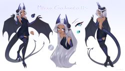 Rule 34 | absurdres, bare back, blue eyes, breasts, character sheet, dark-skinned female, dark skin, dragon, dress, fishnets, highres, horns, long hair, looking at viewer, md5 mismatch, mirra, monster girl, original, pointy ears, resolution mismatch, small breasts, source smaller, tail, vincher art, white hair, winged arms, wings, wyvern