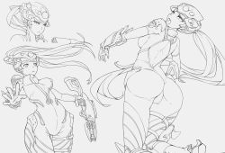 Rule 34 | 1girl, ass, back, bodysuit, breasts, center opening, character name, greyscale, gun, highres, hm (hmongt), long hair, looking at viewer, looking back, monochrome, open mouth, overwatch, overwatch 1, ponytail, rifle, simple background, sketch, solo, thighhighs, tongue, visor, weapon, white background, widowmaker (overwatch)