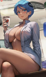 Rule 34 | 1girl, blue hair, blue nails, blurry, blurry background, breasts, bulma, collarbone, collared shirt, covered erect nipples, crossed legs, cup, disposable cup, dragon ball, dragon ball super, earrings, english text, hand up, heart, heart print, highres, holding, holding cup, indoors, jewelry, large breasts, long sleeves, looking at viewer, naked shirt, parted lips, patreon username, pussy juice, shexyo, shirt, short hair, sitting, smile, solo, speech bubble, stud earrings, unbuttoned, white shirt