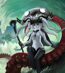 Rule 34 | abyssal ship, blue eyes, bodysuit, cane, floating island, gloves, headgear, highres, hinoyama ena, kantai collection, magic: the gathering, monster, ocean, octopus, pale skin, parody, silver hair, solo, teeth, tentacle hair, tentacles, turret, waves, wo-class aircraft carrier