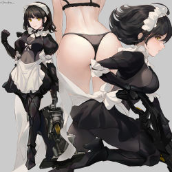 Rule 34 | 1girl, ahoge, apron, armored boots, artist name, ass, back bow, bad id, bad pixiv id, black bodysuit, black bra, black hair, black panties, black skirt, bodysuit, boots, bow, bra, breasts, chowbie, cleavage, closed mouth, covered navel, food, gauntlets, grey eyes, holding, holding food, maid, maid headdress, maid master, medium breasts, miniskirt, multiple views, original, panties, pantyhose, short hair, simple background, skin tight, skirt, smile, standing, thigh boots, thighhighs, underwear, underwear only, waist apron, white apron, white bow