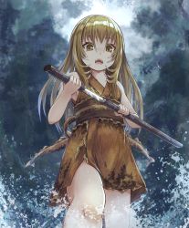 Rule 34 | 1girl, bare arms, bare legs, bare shoulders, brown eyes, brown hair, brown kimono, commentary, english commentary, eyebrows hidden by hair, feet out of frame, fish, hair between eyes, highres, hikari niji, holding, holding sheath, holding sword, holding weapon, japanese clothes, katana, kimono, lamprey, long hair, obi, open mouth, original, personification, sash, scabbard, sharp teeth, sheath, short kimono, sleeveless, sleeveless kimono, solo, standing, sword, teeth, unsheathing, very long hair, water, weapon