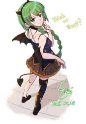 Rule 34 | artist logo, bat wings, black tank top, black thighhighs, braid, breasts, cosplay, dated, demon horns, demon wings, fake demon horns, frilled skirt, frills, from above, from behind, full body, grecale (kancolle), grecale (kancolle) (cosplay), green hair, highres, horns, kantai collection, ld (luna dial398), long hair, looking at viewer, looking back, medium breasts, mole, mole under mouth, orange skirt, single braid, single thighhigh, skirt, tank top, thighhighs, very long hair, wings, yuugumo (kancolle)