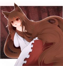 Rule 34 | 1girl, animal ears, arano oki, bare shoulders, blush, breasts, brown hair, dress, imaizumi kagerou, large breasts, long hair, looking back, open mouth, red eyes, solo, tail, touhou, very long hair, wolf ears, wolf tail