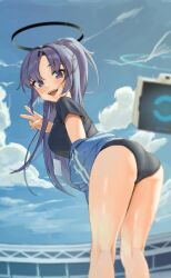 Rule 34 | 1girl, absurdres, arched back, bare legs, black buruma, black shirt, blue archive, blue jacket, buruma, camcorder interface, cloud, cropped legs, halo, highres, id card, jacket, laza (0ldsong), long hair, looking at viewer, looking back, mechanical halo, parted bangs, ponytail, purple eyes, purple hair, red pupils, shirt, sidelocks, sky, stadium, standing, star sticker, sticker on face, sweat, track jacket, v, yuuka (blue archive), yuuka (track) (blue archive)