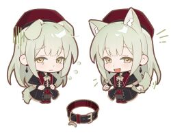 1girl animal_ear_fluff animal_ears ascot bang_dream! bang_dream!_it&#039;s_mygo!!!!! black_capelet black_pantyhose black_skirt capelet commentary dog_ears dog_girl dog_tail earrings green_brooch green_hair jewelry kemonomimi_mode long_hair mortis_(bang_dream!) multiple_views open_mouth pantyhose red_shorts shorts sidelocks simple_background skirt symbol-only_commentary tail tomatoo7 unworn_collar wakaba_mutsumi white_ascot white_background yellow_eyes