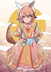 Rule 34 | + +, 1girl, animal ears, backpack, bag, bead bracelet, beads, beret, blush, bracelet, charm (object), clenched hand, commentary request, cowboy shot, dress, ear covers, ear ornament, flipped hair, four-leaf clover necklace, frilled sleeves, frills, futaba suetsuki, hair between eyes, hat, highres, horse ears, horse girl, jewelry, looking at viewer, matikanefukukitaru (good omen first storm) (umamusume), matikanefukukitaru (umamusume), necklace, official alternate costume, orange hair, parted lips, short hair, simple background, single ear cover, solo, umamusume, white background, yellow dress, yellow hat