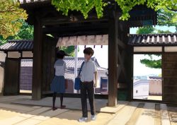 Rule 34 | 1boy, 1girl, architecture, bag, belt, black hair, black pantyhose, blush, bob cut, briefcase, building, day, dress shirt, east asian architecture, eye contact, gate, highres, leaf, loafers, looking at another, looking back, mitsu (light box), original, outdoors, pants, pantyhose, parted lips, pleated skirt, profile, sailor collar, scenery, school bag, school briefcase, school uniform, serafuku, shade, shirt, shoes, short hair, short sleeves, shoulder bag, skirt, sneakers, standing, tile roof, tree, walking