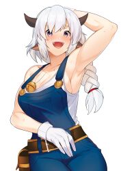Rule 34 | 1girl, :d, absurdres, arm behind head, arm up, armpits, artist request, bell, belt, blue overalls, blush, braid, braided ponytail, breasts, brown belt, cleavage, commentary, cowboy shot, gloves, grey eyes, highres, jingle bell, large breasts, long hair, looking at viewer, medium bangs, nandi (puchirisu), neck bell, open mouth, original, overalls, pouch, second-party source, sideboob, simple background, smile, solo, sweat, symbol-only commentary, tank top, teeth, tongue, upper teeth only, white background, white gloves, white hair, white tank top