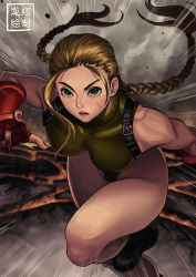 Rule 34 | 1girl, ahoge, bare legs, blonde hair, boots, braid, breasts, cammy white, facial scar, gauntlets, harness, highres, large breasts, leotard, lipstick, makeup, muscular, muscular female, nail polish, no headwear, running, running towards viewer, ryu shou, scar, scar on cheek, scar on face, shade, solo, street fighter, thighs, twin braids
