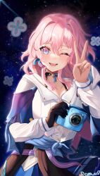 Rule 34 | 1girl, absurdres, blue eyes, blush, camera, cippi ci, highres, holding, holding camera, honkai: star rail, honkai (series), jacket, long hair, looking at viewer, march 7th (honkai: star rail), multicolored eyes, one eye closed, open mouth, pink hair, purple eyes, shirt, short hair with long locks, sky, smile, solo, star (sky), starry sky, teeth, tied jacket, v, white shirt