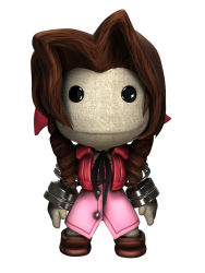 Rule 34 | 1990s (style), 1girl, aerith gainsborough, aerith gainsborough (cosplay), brown hair, cosplay, cropped jacket, dress, drill hair, expressionless, final fantasy, final fantasy vii, highres, littlebigplanet, long hair, looking at viewer, official art, pink dress, retro artstyle, sackboy, simple background, solo, standing, white background