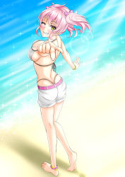 Rule 34 | 10s, 1girl, absurdres, ass, bare shoulders, barefoot, belt, bikini, bikini top only, blush, bow, bracelet, breasts, butt crack, female focus, from behind, gradient background, grin, hair bow, highres, idolmaster, idolmaster cinderella girls, jewelry, jougasaki mika, large breasts, looking at viewer, looking back, ocean, one eye closed, pink hair, shirouzu myuuta, short hair, short shorts, shorts, smile, solo, swimsuit, thong, twintails, whale tail (clothing), wink, yellow eyes