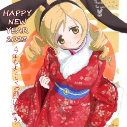Rule 34 | 1girl, 2023, absurdres, animal ears, blonde hair, breasts, chinese zodiac, drill hair, egasumi, fake animal ears, floral print, from above, fur-trimmed kimono, fur trim, happy new year, highres, japanese clothes, kimono, large breasts, looking at viewer, mahou shoujo madoka magica, mahou shoujo madoka magica (anime), new year, obi, rabbit ears, sash, tomoe mami, twin drills, twitter username, year of the rabbit, yellow eyes