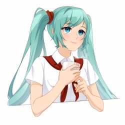 Rule 34 | artist name, blue eyes, blue hair, blush, closed mouth, collared shirt, cup, everlasting summer, grey background, hair ribbon, hatsune miku, highres, holding, holding cup, lips, long hair, neckerchief, pioneer neckerchief, red neckerchief, red ribbon, ribbon, shirt, short sleeves, shwwma, simple background, smile, very long hair, white shirt
