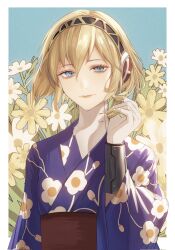 Rule 34 | 1girl, aegis (persona), android, blonde hair, blue background, blue eyes, blue kimono, border, floral background, floral print, flower, gold trim, hair between eyes, hand up, headset, highres, japanese clothes, joints, kimono, long sleeves, looking at viewer, natsunoren, obi, persona, persona 3, print kimono, robot girl, robot joints, sash, short hair, solo, upper body, white border, wide sleeves, yellow flower