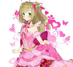 Rule 34 | 1girl, ahoge, arm garter, blush, bow, bowtie, breasts, brown hair, bug, butterfly, cleavage, dress, gloves, green eyes, heart, highres, idolmaster, idolmaster cinderella girls, insect, keita wiz, looking at viewer, medium breasts, mini wings, pink bow, pink bowtie, pink butterfly, pink dress, pink theme, pink wings, sato shin, simple background, skirt hold, smile, solo, two side up, white background, wings, yellow gloves
