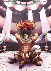 Rule 34 | 1boy, abs, absurdres, artist name, beowulf (skullgirls), black hair, blood, boxing ring, claws, fang, grin, highres, lenalis, male focus, miru (inktrashing), muscular, orange eyes, oversized limbs, petals, severed arm, severed limb, topless male, skullgirls, smile, solo, unbuttoned