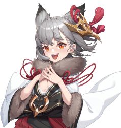 Rule 34 | 1girl, :d, absurdres, animal ears, azema, azur lane, brown eyes, commentary request, fangs, fur-trimmed sleeves, fur trim, grey hair, highres, japanese clothes, kimono, long sleeves, looking at viewer, mask, mask on head, nail polish, open mouth, pink nails, pleated skirt, red skirt, simple background, skirt, smile, solo, steepled fingers, suzutsuki (azur lane), teeth, upper teeth only, white background, white kimono, wide sleeves
