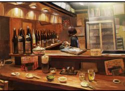 Rule 34 | androgynous, bayashiko, black hair, bob cut, bottle, bowl, chopsticks, cup, drinking glass, from behind, gender request, glass, ice, ice cube, indoors, izakaya, letterboxed, menu, mug, original, sign, solo, text focus, translation request, tray, wine bottle