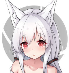 Rule 34 | 1girl, :o, alice mana, alice mana channel, animal ear fluff, animal ears, bare shoulders, blush, collarbone, fox ears, grey background, hair between eyes, hair ornament, highres, long hair, looking at viewer, nagato-chan, parted lips, red eyes, solo, two-tone background, upper body, virtual youtuber, white background, white hair