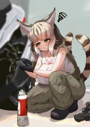 Rule 34 | 1girl, akaisuto, animal ears, boots, breasts, cat ears, cat girl, cat tail, cellphone, extra ears, gloves, green eyes, grey hair, highres, jungle cat (kemono friends), kemono friends, kemono friends v project, large breasts, long hair, motor vehicle, pants, phone, ribbon, smartphone, solo, tail, tank top, twintails, virtual youtuber