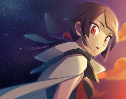 Rule 34 | 1girl, black shirt, breasts, brown hair, cloak, commentary, creatures (company), eyelashes, from side, game freak, looking at viewer, looking to the side, momoji (lobolobo2010), nintendo, outdoors, pokemon, pokemon oras, red eyes, shirt, short ponytail, sky, star (sky), twilight, twitter username, upper body, zinnia (pokemon)
