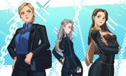 Rule 34 | 3girls, ace attorney, barley juice, better call saul, black jacket, blazer, blonde hair, blue eyes, breaking bad, breasts, brown hair, cleavage, crossover, formal, grey hair, hair behind ear, highres, jacket, jewelry, kim wexler, large breasts, long hair, magatama, mia fey, mole, mole under mouth, multiple girls, niijima sae, persona, persona 5, red eyes, scarf, skirt, skirt suit, suit, trait connection, yellow scarf