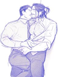 Rule 34 | 2boys, absurdres, aged down, bara, bare pectorals, black hair, c85241, dry humping, facial hair, feet out of frame, french kiss, from side, goatee, golden kamuy, hair slicked back, highres, humping, kabedon, kiss, large pectorals, leg between thighs, long sleeves, male focus, mature male, monochrome, multiple boys, muscular, muscular male, mustache, necktie, pectorals, profile, short hair, thick eyebrows, tsurumi tokushirou, undressing another, wilk (golden kamuy), yaoi