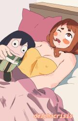 Rule 34 | 1girl, asui tsuyu, bed, blanket, blush, boku no hero academia, breasts, brown eyes, brown hair, character doll, cleavage, collarbone, delpha crisis, dress, drooling, large breasts, lying, masturbation, on bed, one eye closed, open mouth, pillow, short hair, strapless, strapless dress, stuffed toy, teeth, uraraka ochako, yellow dress
