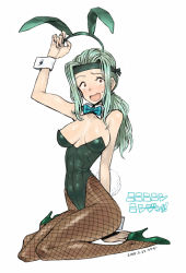 Rule 34 | 1girl, animal ears, blush, bow, bowtie, breasts, cleavage, dated, fake animal ears, fake tail, fishnet pantyhose, fishnets, green bow, green bowtie, green hair, headband, high heels, kusada, large breasts, leotard, long hair, looking at viewer, open mouth, original, pantyhose, playboy bunny, ponytail, rabbit ears, rabbit tail, red eyes, solo, sweatdrop, tail, wrist cuffs