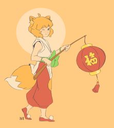 Rule 34 | 1girl, absurdres, animal ears, female focus, fox ears, fox girl, fox tail, highres, lantern, looking at viewer, luo xiaohei zhanji, one eye closed, orange background, orange hair, orange tail, orange theme, pants, pom pom (clothes), red footwear, red pants, ruoshui (the legend of luoxiaohei), shoes, smile, solo, stargirl230, tail, tassel