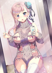 Rule 34 | 1girl, :d, alternate costume, aqua nails, areola slip, bare shoulders, blue eyes, blush, breasts, bun cover, cellphone, copyright name, dutch angle, fate/grand order, fate (series), female pov, frills, grey ribbon, grey sweater, grey thighhighs, holding, holding phone, indoors, kneeling, large breasts, long sleeves, looking at viewer, mirror, miyamoto musashi (fate), nail polish, open mouth, phone, pov, reflection, selfie, single sidelock, smartphone, smile, solo, sweater, swept bangs, taking picture, thighhighs, turtleneck, turtleneck sweater, yoshimoto (dear life)