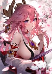 Rule 34 | 1girl, animal ears, bare shoulders, blurry, blurry foreground, blush, breasts, cherry blossoms, commentary request, detached sleeves, dodota, earrings, falling petals, floppy ears, floral print, flower, fox ears, fox shadow puppet, genshin impact, hair between eyes, hair ornament, hand up, jewelry, large breasts, long hair, looking at viewer, nontraditional miko, parted lips, petals, pink flower, pink hair, purple eyes, shirt, sideboob, sleeveless, sleeveless shirt, smile, solo, turtleneck, upper body, white shirt, white sleeves, wide sleeves, yae miko