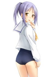 Rule 34 | 1girl, :p, ass, black one-piece swimsuit, blush, brown eyes, closed mouth, commentary request, from behind, hand up, highres, long sleeves, looking at viewer, looking back, neckerchief, one-piece swimsuit, original, parted bangs, ponytail, puffy long sleeves, puffy sleeves, purple hair, sailor collar, school uniform, serafuku, shibacha, shirt, simple background, sleeves past wrists, smile, solo, swimsuit, swimsuit under clothes, tongue, tongue out, white background, white sailor collar, white shirt, yellow neckerchief