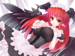 Rule 34 | 1girl, :p, alternate costume, alternate wings, bad id, bad pixiv id, bare shoulders, black thighhighs, black wings, blush, breast hold, breast slip, breasts, colored eyelashes, corset, covering privates, covering breasts, embodiment of scarlet devil, enmaided, eyelashes, feathers, female focus, head wings, highres, huge breasts, koakuma, lace, lace-trimmed legwear, lace trim, large breasts, long hair, looking at viewer, maid, maid headdress, one breast out, pointy ears, red eyes, red hair, simple background, solo, thighhighs, tongue, tongue out, touhou, wings, wrist cuffs, yanagi ryou, zettai ryouiki